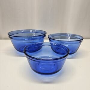 Vintage Anchor Hocking USA Cobalt Blue Glass 3 Pc Nesting Mixing Bowl Set